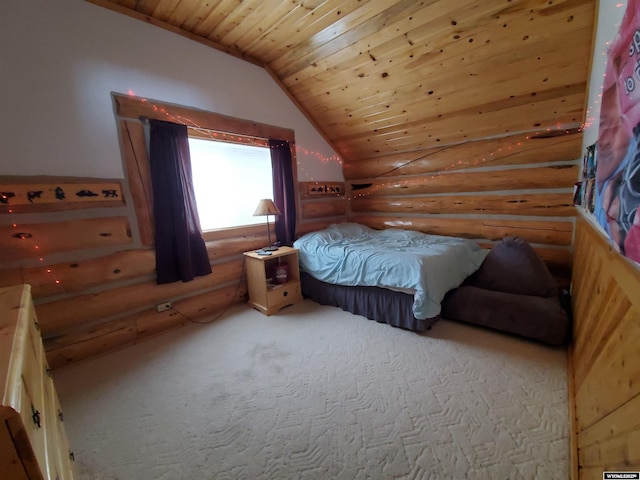 bedroom featuring carpet floors, wood ceiling, and vaulted ceiling