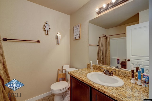 bathroom featuring a shower with curtain, tile patterned flooring, vanity, and toilet