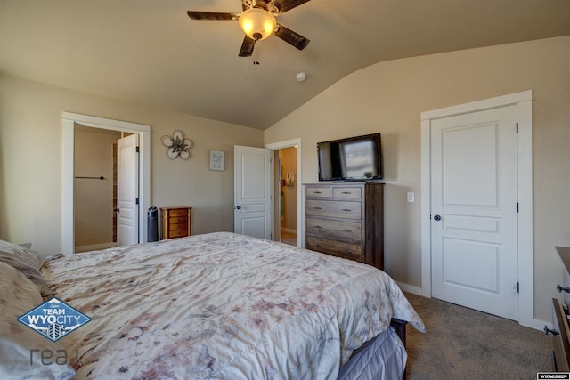 bedroom with lofted ceiling, ceiling fan, baseboards, and carpet flooring