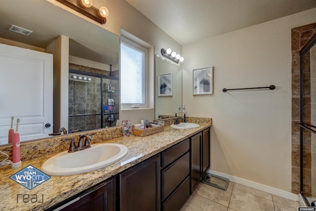 full bathroom with a stall shower, a sink, and visible vents