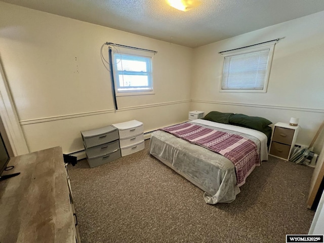 bedroom with carpet and a textured ceiling