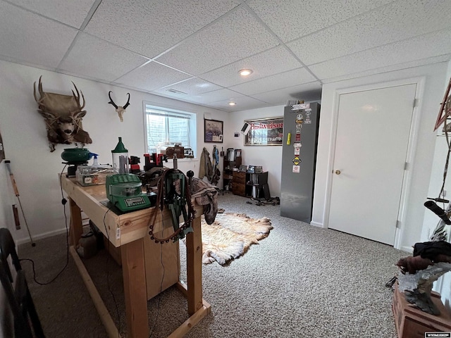 carpeted home office featuring a paneled ceiling, baseboards, and recessed lighting