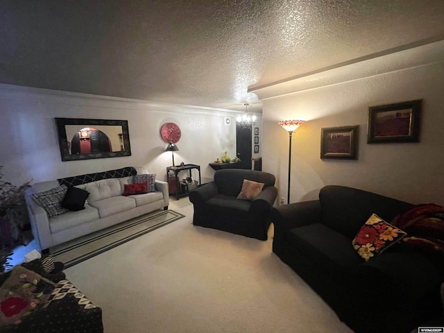 living area with carpet, a chandelier, and a textured ceiling