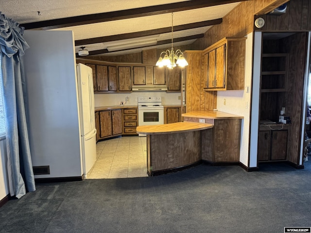 kitchen with pendant lighting, light colored carpet, light countertops, white appliances, and under cabinet range hood