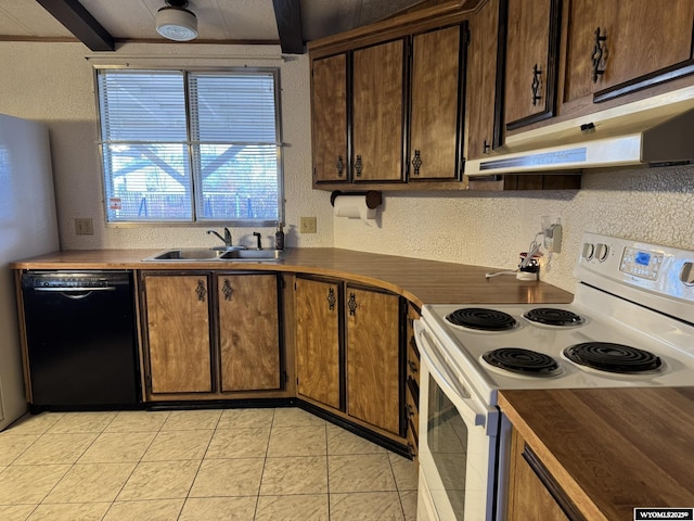 kitchen featuring under cabinet range hood, a sink, black dishwasher, white range with electric stovetop, and dark countertops