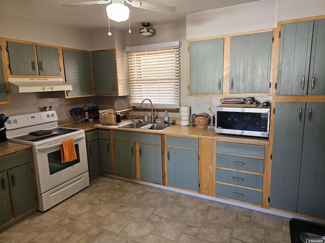 kitchen featuring ceiling fan, under cabinet range hood, a sink, electric stove, and stainless steel microwave