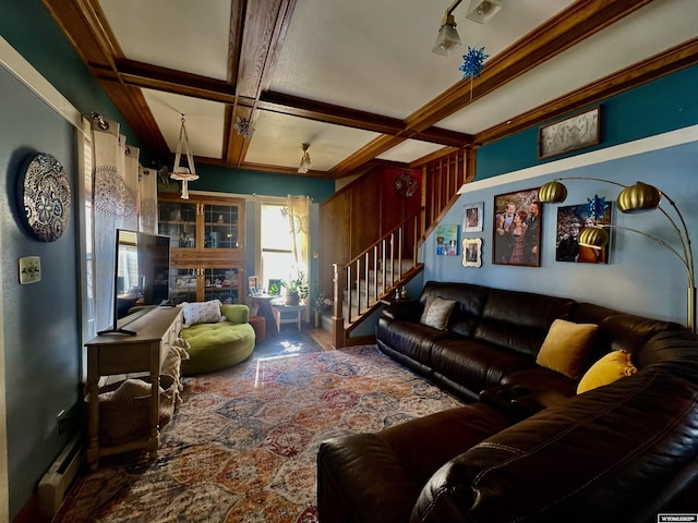 living area with visible vents, coffered ceiling, beamed ceiling, stairs, and a baseboard heating unit