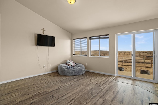 interior space featuring lofted ceiling, baseboards, and wood finished floors