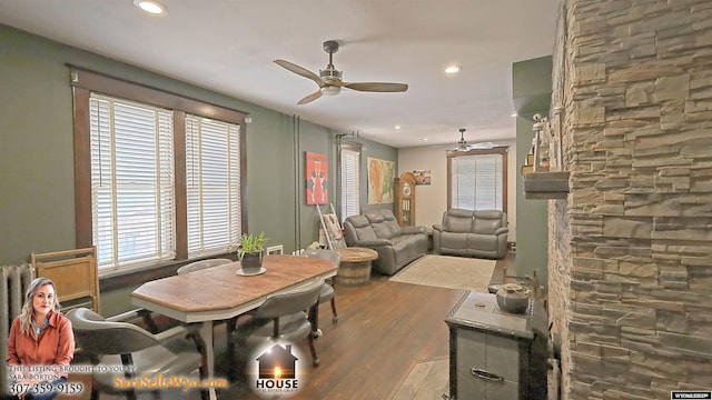 dining space with ceiling fan, wood finished floors, and recessed lighting