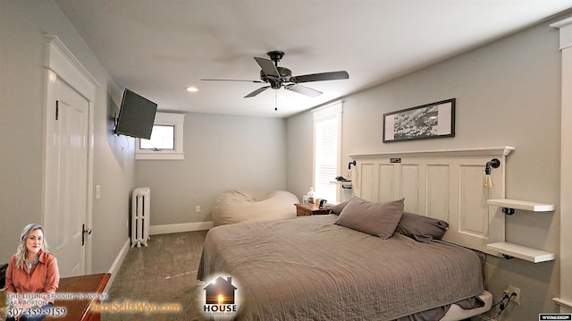 bedroom with recessed lighting, a ceiling fan, baseboards, radiator, and dark colored carpet