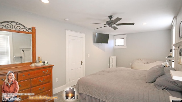 bedroom featuring radiator heating unit, baseboards, a ceiling fan, and recessed lighting