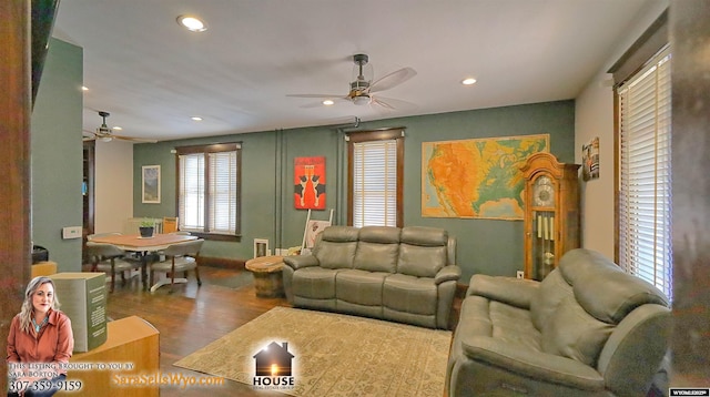 living room with wood finished floors, a ceiling fan, and recessed lighting