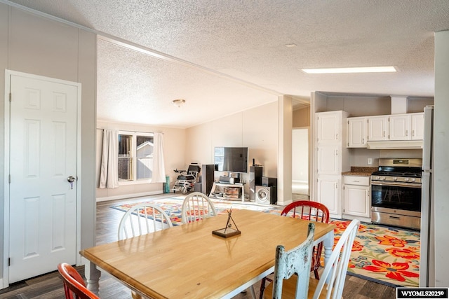 dining area with lofted ceiling, a textured ceiling, and dark wood-type flooring