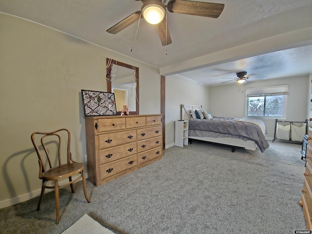 bedroom with carpet floors, ceiling fan, and baseboards