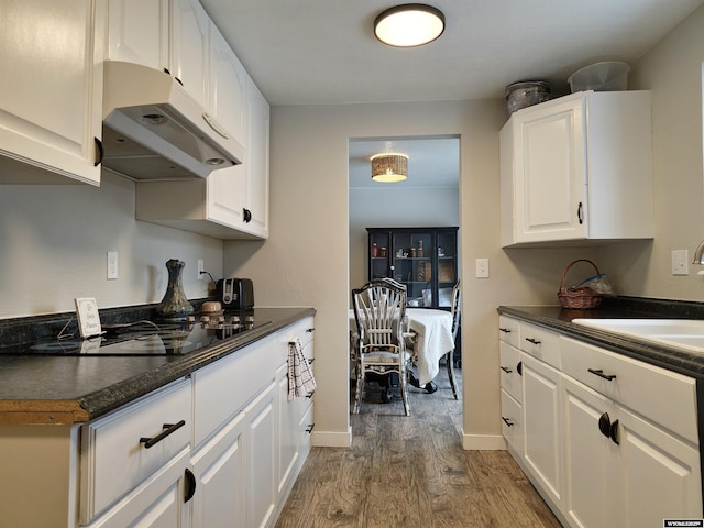 kitchen featuring under cabinet range hood, dark wood-style flooring, a sink, white cabinets, and dark countertops