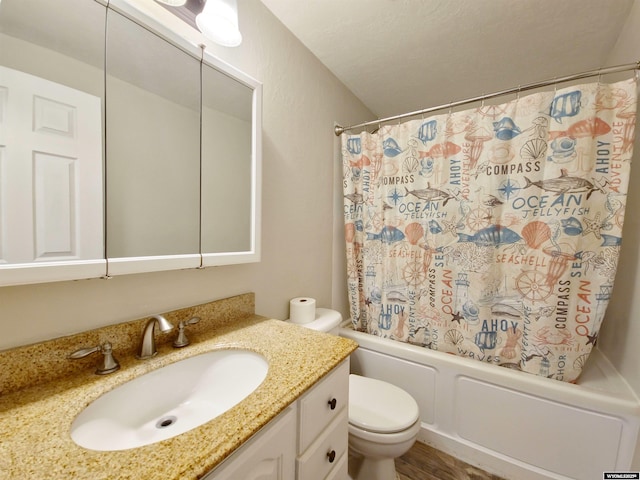 bathroom with toilet, shower / bathtub combination with curtain, and vanity