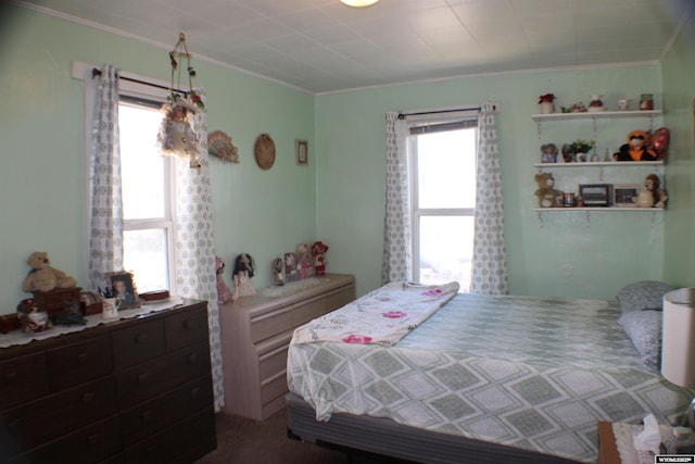 bedroom with ornamental molding and multiple windows