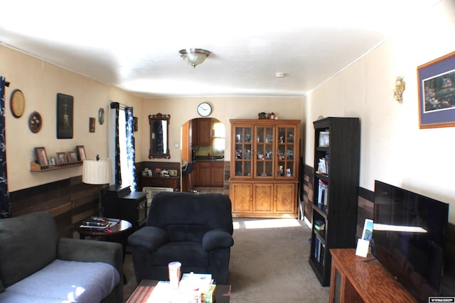 carpeted living area with arched walkways