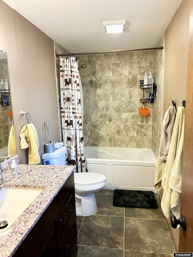 full bathroom with toilet, shower / bathtub combination with curtain, and vanity