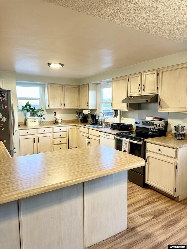 kitchen featuring stainless steel appliances, light wood-type flooring, a sink, and light countertops