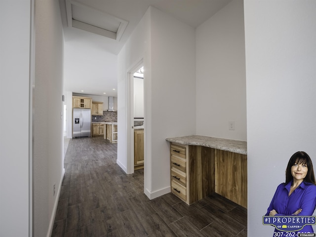 corridor with dark wood-style floors, recessed lighting, attic access, and baseboards