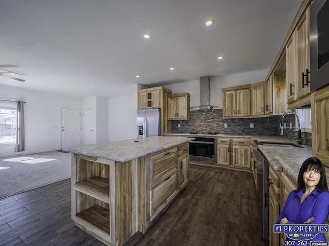 kitchen with open shelves, stainless steel appliances, a sink, backsplash, and wall chimney exhaust hood