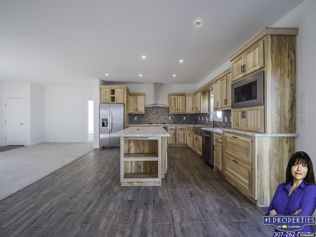 kitchen featuring tasteful backsplash, wall chimney exhaust hood, stainless steel appliances, and open shelves