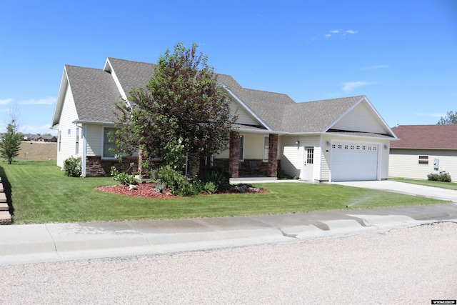 single story home with a garage, driveway, a front lawn, and roof with shingles