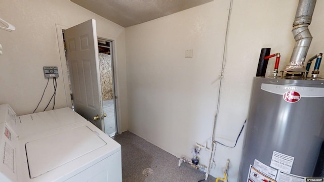 laundry room with laundry area, washing machine and dryer, gas water heater, and carpet flooring