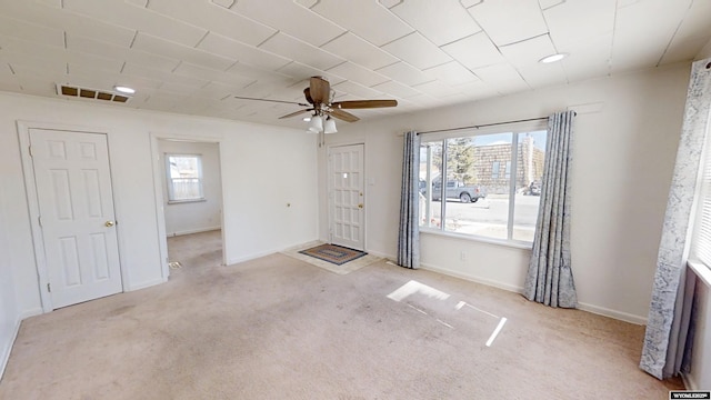 entrance foyer featuring a wealth of natural light, baseboards, visible vents, and carpet