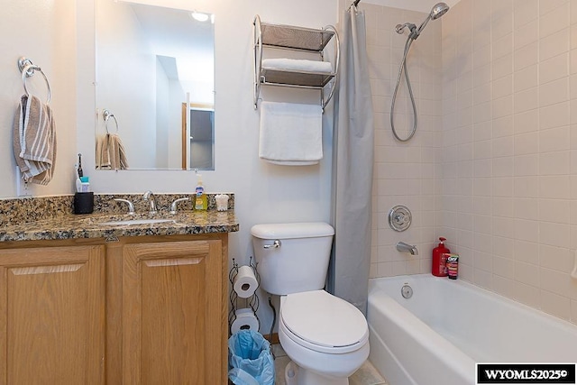 full bathroom featuring vanity, toilet, and shower / bathtub combination with curtain