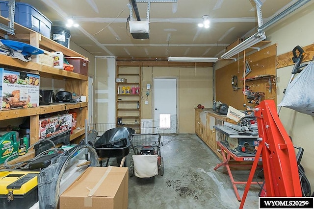 interior space with a workshop area and a garage door opener