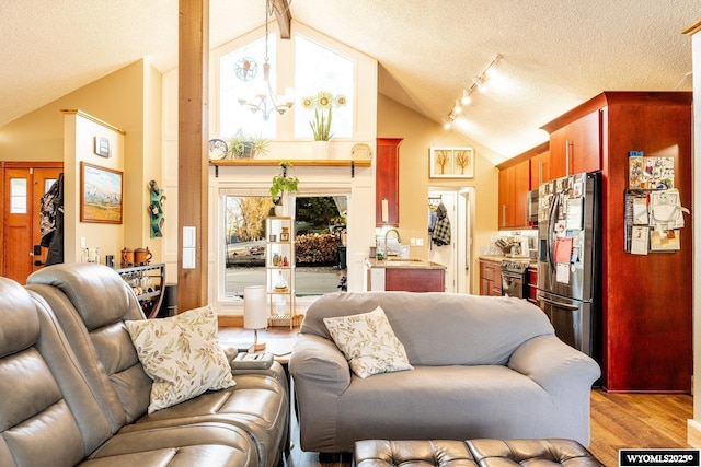 living room with a notable chandelier, a textured ceiling, high vaulted ceiling, light wood-type flooring, and plenty of natural light