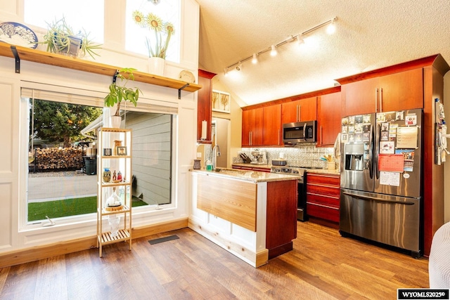 kitchen with light wood finished floors, light countertops, appliances with stainless steel finishes, vaulted ceiling, and a peninsula