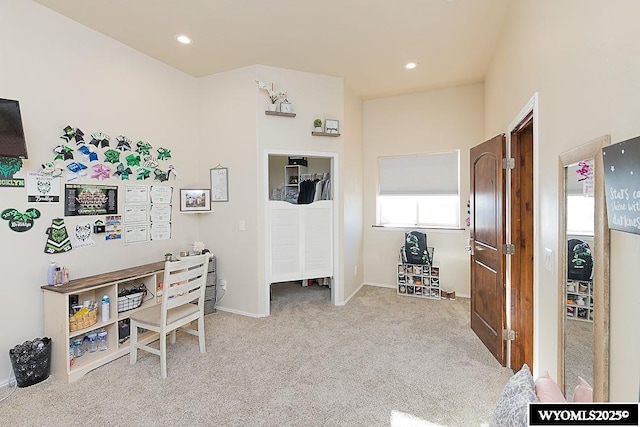 office with carpet floors, recessed lighting, and baseboards