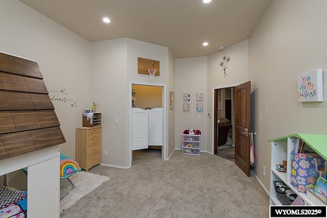 playroom featuring carpet floors, baseboards, and recessed lighting