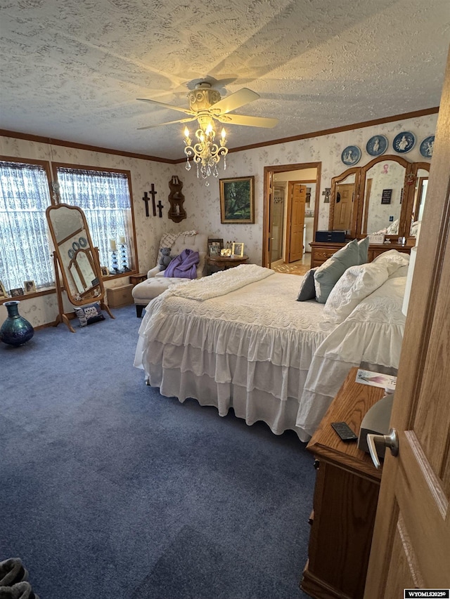 bedroom featuring carpet flooring, crown molding, a textured ceiling, and wallpapered walls