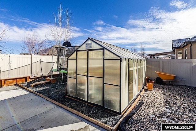 view of greenhouse with a fenced backyard