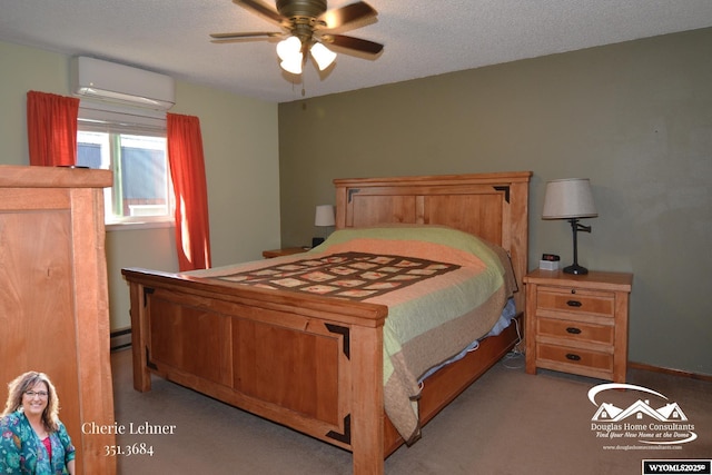 bedroom featuring a baseboard radiator, light colored carpet, a ceiling fan, a textured ceiling, and a wall mounted air conditioner