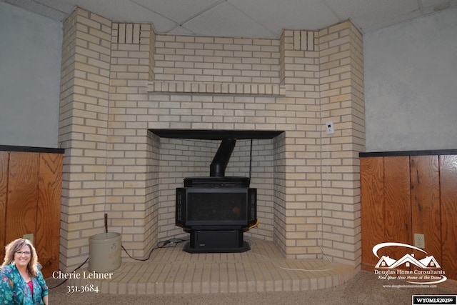 room details featuring a wood stove, a wainscoted wall, and a drop ceiling