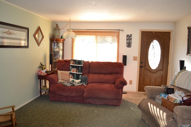 living room featuring a textured ceiling, carpet floors, and baseboards