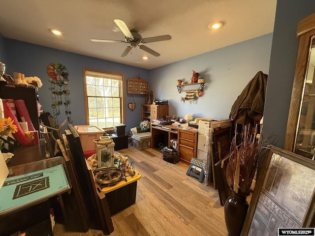 office area featuring recessed lighting, ceiling fan, and wood finished floors