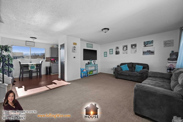 carpeted living room featuring a textured ceiling and baseboards