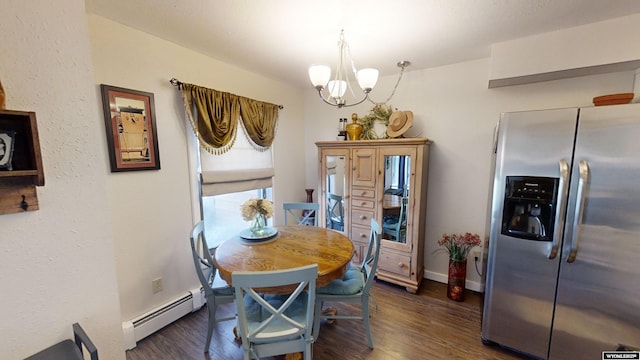 dining area with a baseboard heating unit, a chandelier, baseboards, and dark wood-style floors