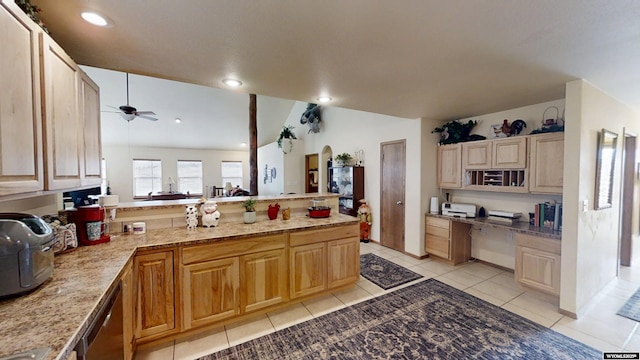 kitchen with light tile patterned floors, ceiling fan, recessed lighting, a peninsula, and dishwasher