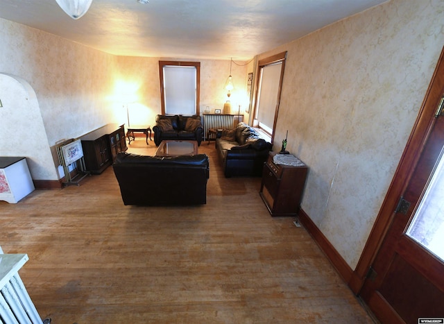 living area with baseboards, arched walkways, and wood finished floors