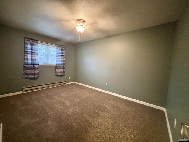 unfurnished room with carpet, baseboards, and baseboard heating