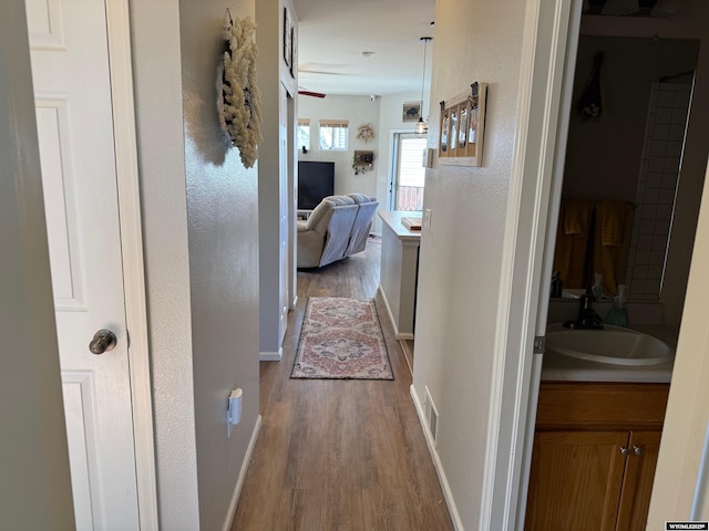 corridor featuring baseboards, a sink, and wood finished floors