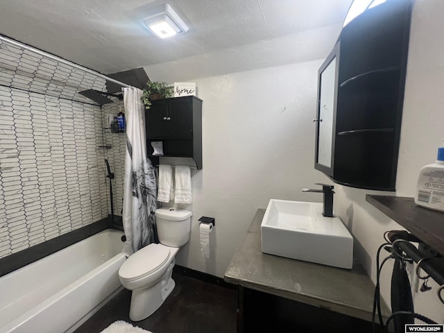 full bath featuring toilet, shower / tub combo, and vanity