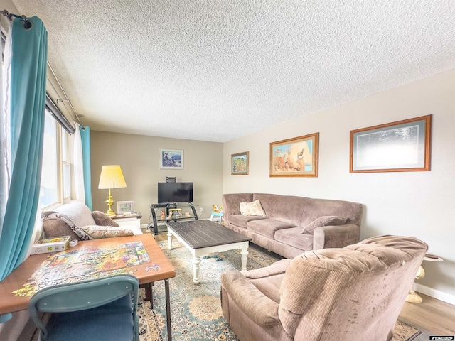 living area with baseboards, a textured ceiling, and wood finished floors